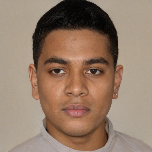 Neutral latino young-adult male with short  brown hair and brown eyes