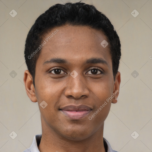 Joyful black young-adult male with short  brown hair and brown eyes