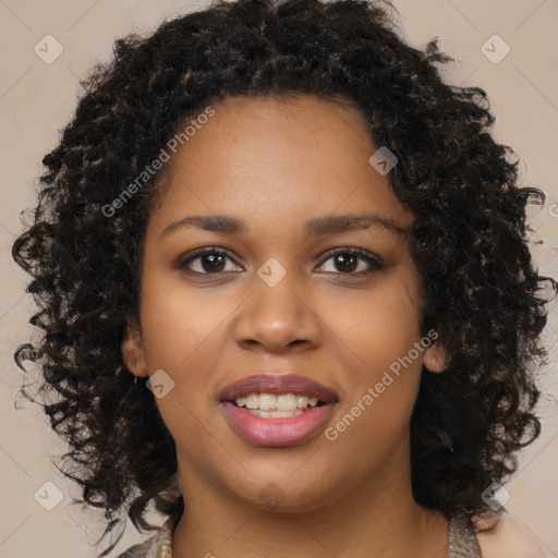 Joyful black young-adult female with medium  black hair and brown eyes