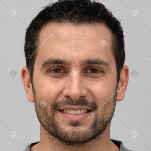 Joyful white young-adult male with short  brown hair and brown eyes