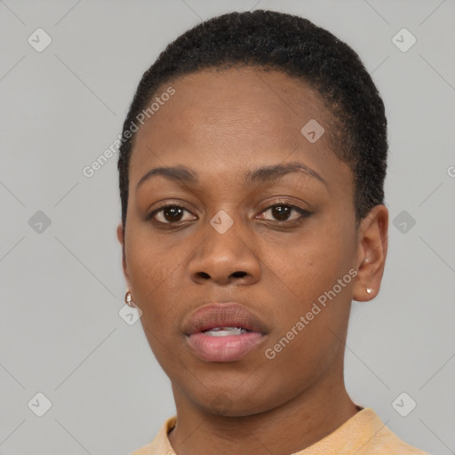 Neutral black young-adult female with short  black hair and brown eyes