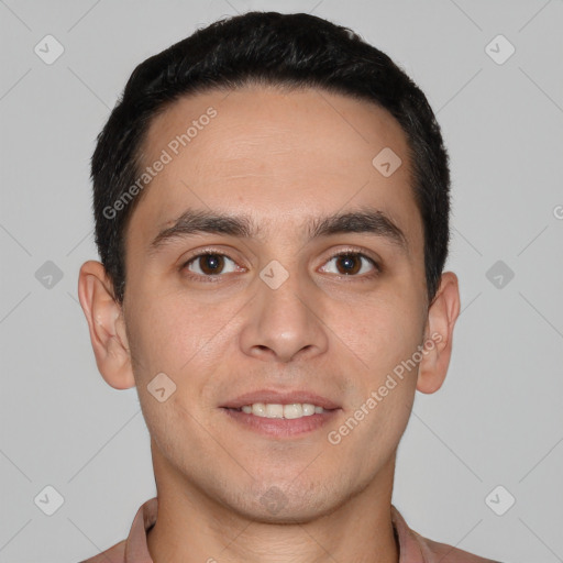 Joyful white young-adult male with short  black hair and brown eyes