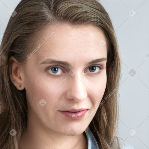 Neutral white young-adult female with long  brown hair and blue eyes