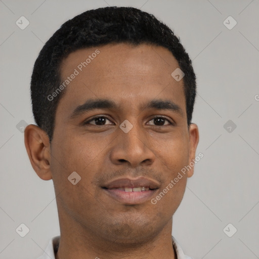 Neutral black young-adult male with short  black hair and brown eyes