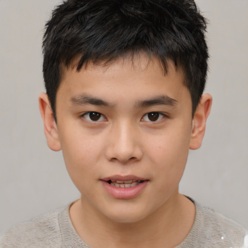 Joyful asian child male with short  brown hair and brown eyes