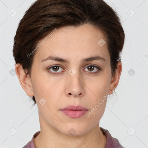 Neutral white young-adult female with short  brown hair and brown eyes