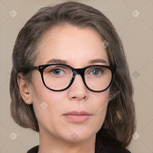 Neutral white adult female with medium  brown hair and brown eyes