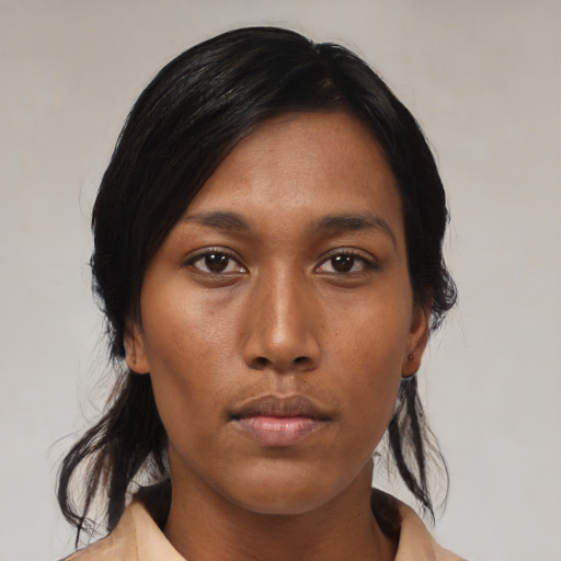 Neutral asian young-adult female with medium  black hair and brown eyes