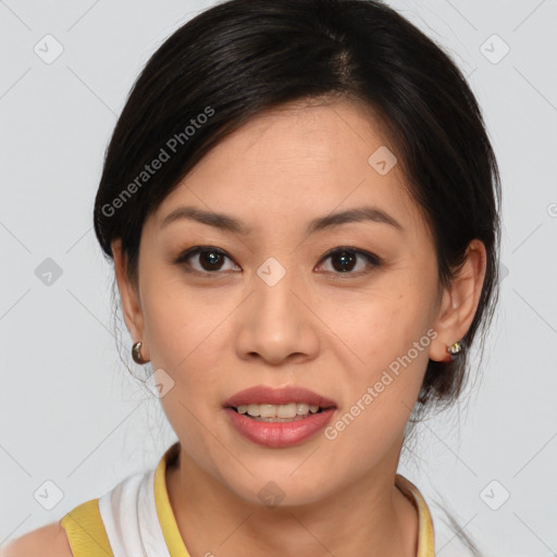 Joyful asian young-adult female with medium  brown hair and brown eyes