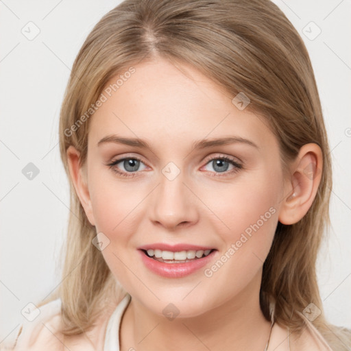 Joyful white young-adult female with medium  brown hair and blue eyes