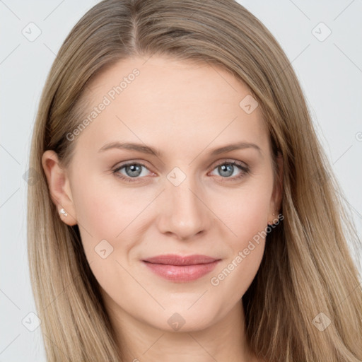 Joyful white young-adult female with long  brown hair and grey eyes