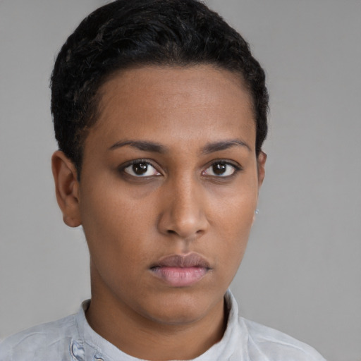 Neutral black young-adult female with short  brown hair and brown eyes