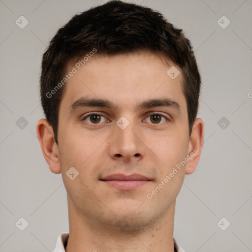 Neutral white young-adult male with short  brown hair and brown eyes