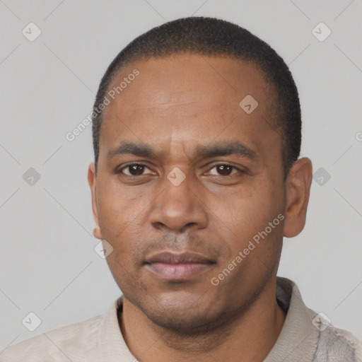 Neutral black adult male with short  black hair and brown eyes