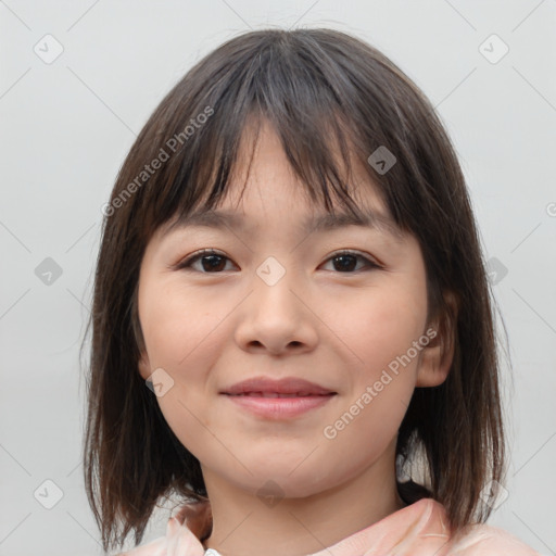 Joyful white child female with medium  brown hair and brown eyes