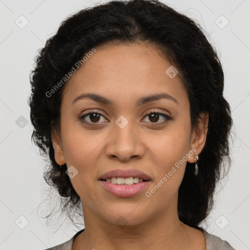 Joyful latino young-adult female with long  brown hair and brown eyes