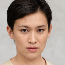 Neutral white young-adult female with short  brown hair and brown eyes