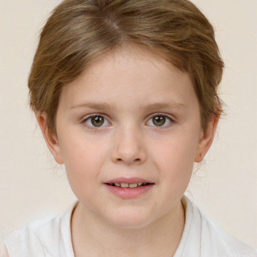 Joyful white child female with medium  brown hair and brown eyes