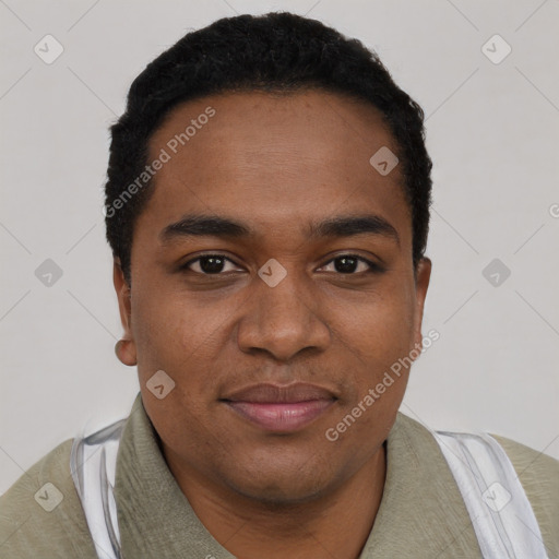 Joyful black young-adult male with short  black hair and brown eyes