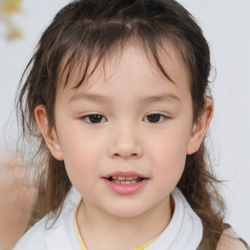 Joyful white child female with medium  brown hair and brown eyes