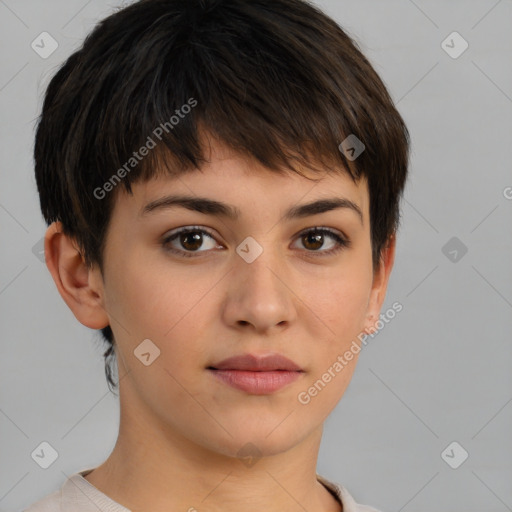 Neutral white young-adult female with short  brown hair and brown eyes