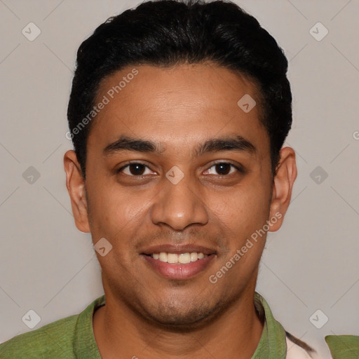 Joyful latino young-adult male with short  black hair and brown eyes