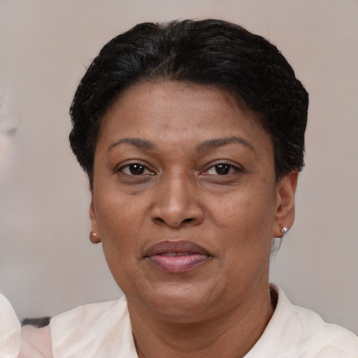 Joyful black adult female with short  brown hair and brown eyes