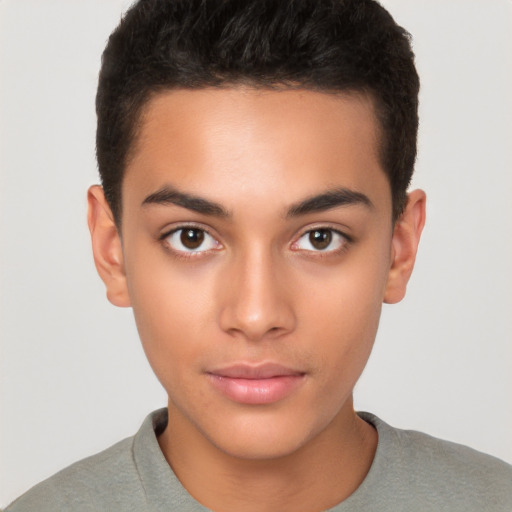 Neutral latino young-adult male with short  brown hair and brown eyes