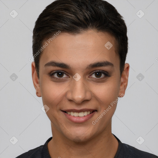 Joyful white young-adult female with short  brown hair and brown eyes