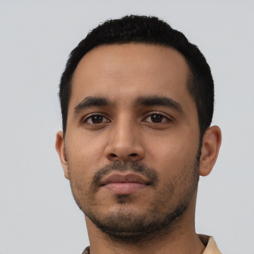 Neutral latino young-adult male with short  black hair and brown eyes