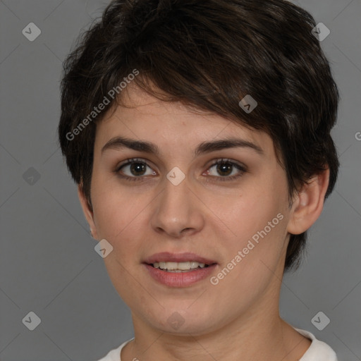 Joyful white young-adult female with short  brown hair and brown eyes