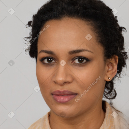 Joyful latino young-adult female with short  brown hair and brown eyes