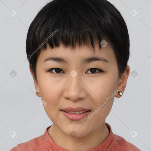 Joyful asian young-adult female with short  brown hair and brown eyes