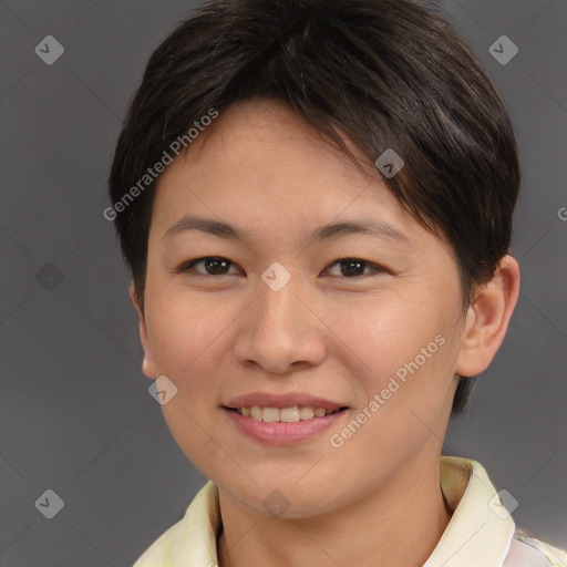 Joyful white young-adult female with short  brown hair and brown eyes