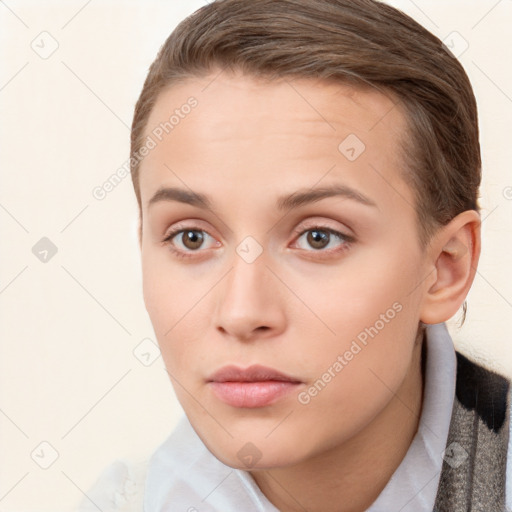 Neutral white young-adult female with short  brown hair and brown eyes