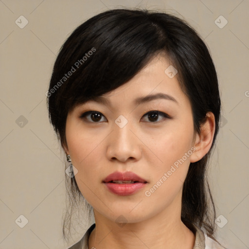 Neutral asian young-adult female with medium  black hair and brown eyes