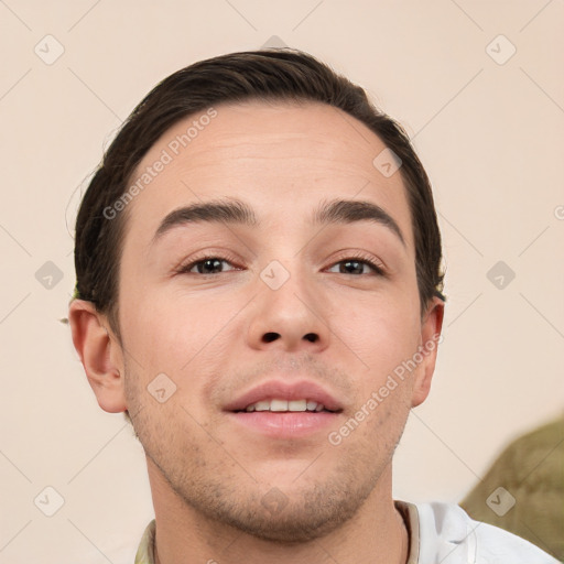 Neutral white young-adult male with short  brown hair and brown eyes