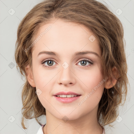 Joyful white young-adult female with medium  brown hair and green eyes