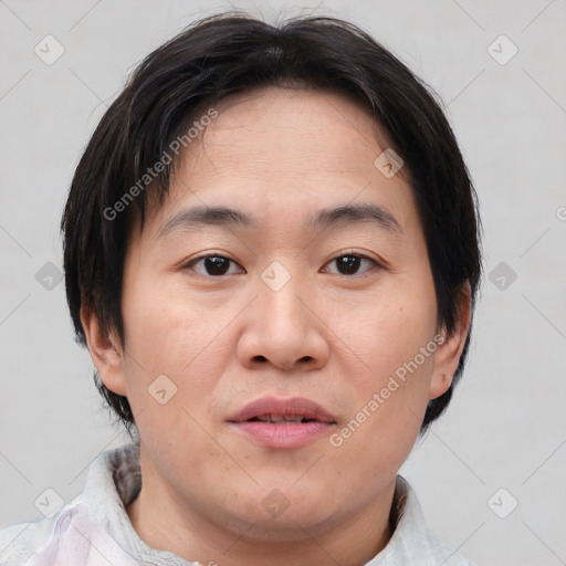 Neutral asian young-adult male with short  brown hair and brown eyes