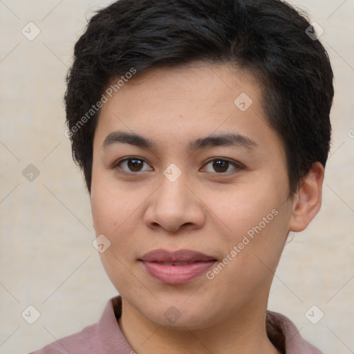 Joyful asian young-adult female with short  brown hair and brown eyes