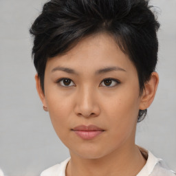 Neutral asian young-adult female with short  brown hair and brown eyes