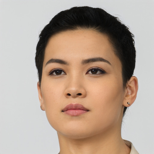 Neutral asian young-adult female with short  black hair and brown eyes