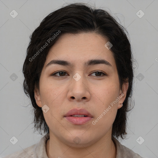 Neutral asian young-adult female with medium  brown hair and brown eyes