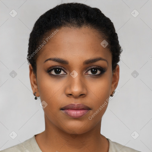 Neutral black young-adult female with short  black hair and brown eyes