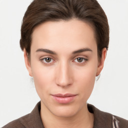 Neutral white young-adult female with short  brown hair and brown eyes