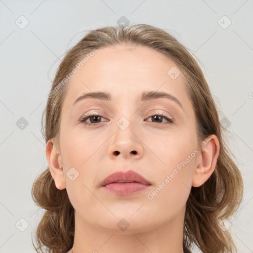 Neutral white young-adult female with medium  brown hair and brown eyes