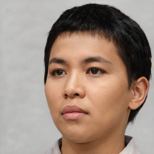Neutral asian young-adult male with short  black hair and brown eyes