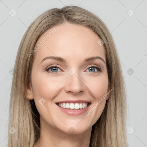 Joyful white young-adult female with long  brown hair and grey eyes