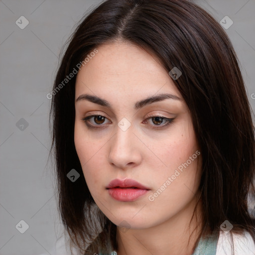 Neutral white young-adult female with medium  brown hair and brown eyes