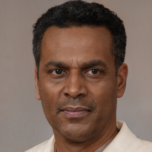 Neutral black adult male with short  black hair and brown eyes
